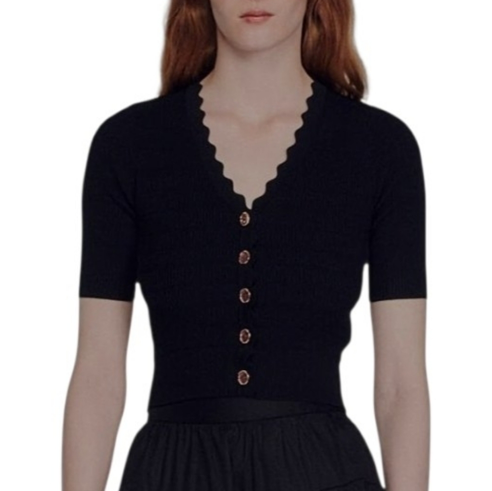 Sandro Cecil Black Rib Knit Scallop V-neck Short Sleeve Cardigan Gold Buttons 0